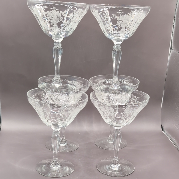 Fostoria Other - Six 6 Vintage Fostoria Florentine Etched Crystal Champagne Sherbet Glasses 5.5"